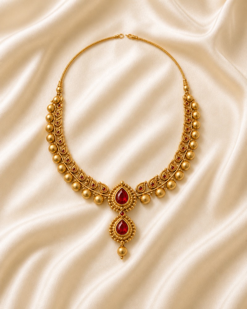 Gold necklace with red stones, enhanced product photo